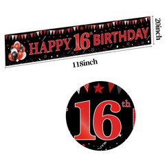 Red Black 16th Birthday Banner Decorations for 118 x 20 inches,