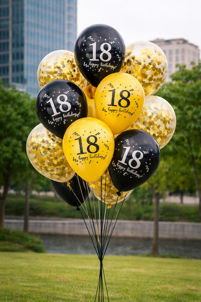 Birthday Balloons 18th X 30 Gold & Black Latex Confetti 12″ Helium Party Decors