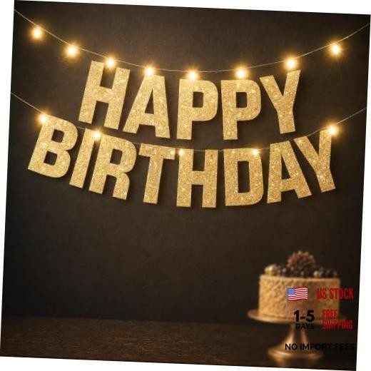 , Light Up Happy Birthday Banner – 10 Feet, 8 Modes Pre-Strung |en Glitter Gold