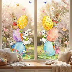 Easter Decorations Window Clings: Cute Stacked Little Bunny with Colored Eggs, R