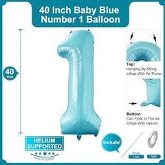2Pcs Light Blue One Balloon Set, 40inch Large Foil Baby Blue Number Pearl Blue