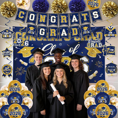 Navy Blue and Gold Graduation Decorations 2026 Set, All-in-1 Kit with Congrats G