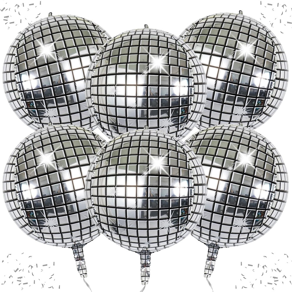 6-Pack 22 Inch Silver 4D Disco Ball Balloons – Decorations for 90S Dancing Queen