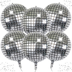 6-Pack 22 Inch Silver 4D Disco Ball Balloons – Decorations for 90S Dancing Queen