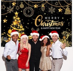 Extra Large Merry Christmas and Happy New Year Banner 72″ x 48″ Black