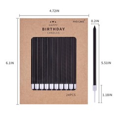 PHD CAKE Black Long Thin Birthday Candles, Cake 24 count,