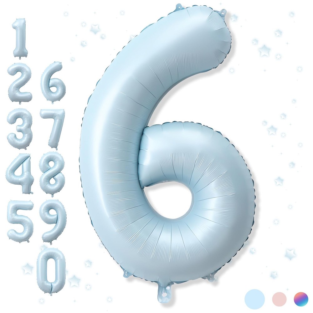 40 Inch 6 Balloon Number, Large Pastel Baby Sky Blue Foil Number 6 Balloons B…