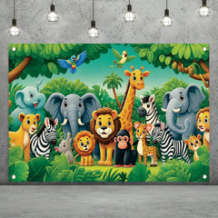 Jungle Animal Birthday Backdrop 71 X 43 Inch Safari Zoo Cartoon Banner with Lion