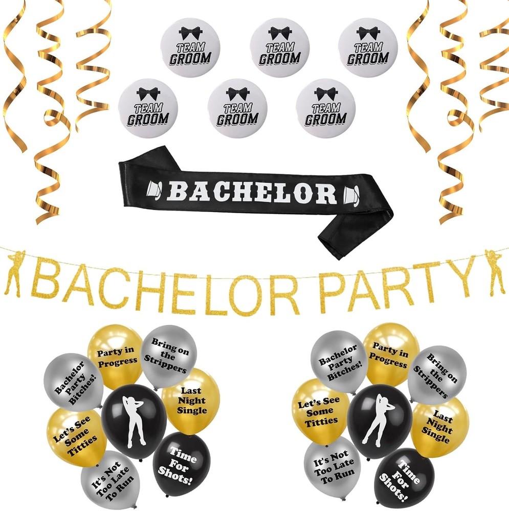 Bachelor Party Decorations, (Gold Bachelor Banner, Bachelor Sash, 16 Funny Pa…