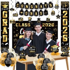 Graduation Decorations 2026 Set Black Gold, Congrats Grad Decor Set with Bann…