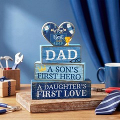 Lineshading 4 Pcs Fathers Day Table Decorations Wooden Blue Heart Trophy Deco…