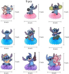 Stitch Party Decorations Set – 9Pcs Honeycomb Centerpieces with Stitch Tableclot