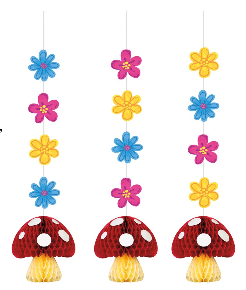 Fairy Toadstool Party Decorations Red Spot Mushroom Hanging Honeycomb Cutouts x3
