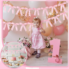 2 Pcs Pink Bow Garland Banner, Pre-Strung Pink Satin Ribbon Bow Garland Coquette