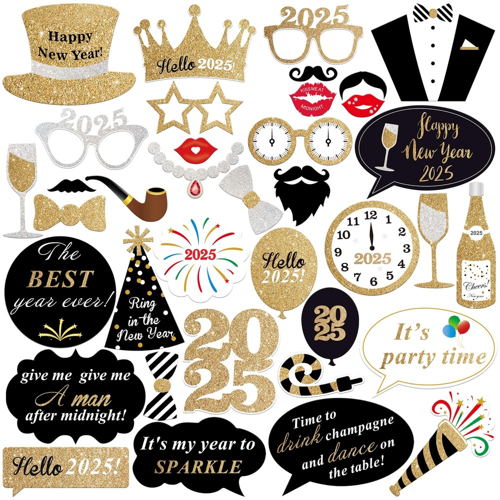 Glittery 2025 New Year’s Photo Booth Props Pack of 35 for Festive Celebrations