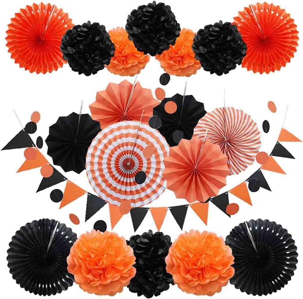 Party Decoration Set , 20 Pcs Pom Poms Flowers , Hanging Fans,Triangle Buntin…