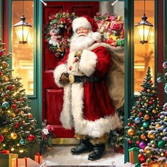 Merry Christmas Door Cover with Santa ClausHoliday House Xmas Winter Wonderla…