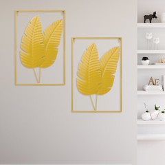 2PCS Wall Decorations Gold Iron Leaf Wall Hanging Home Decor w/Frame Wall Decor
