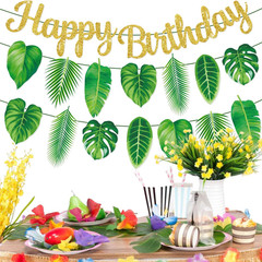 3 Pack Palm Leaf Banner Hawaii Party Decorations Green Leaves Flags Tropical Lea