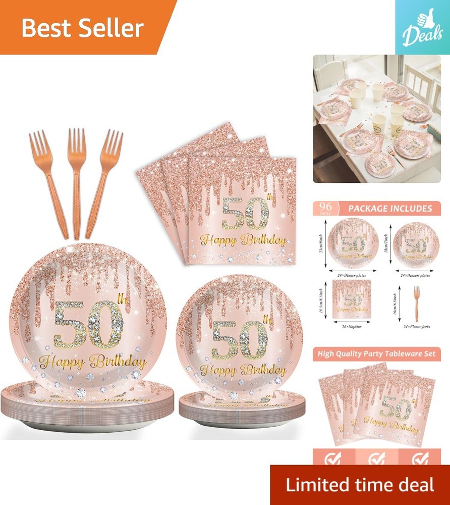 Complete 96-Piece Pink Rose Gold 50th Birthday Collection for Effortless Hosting
