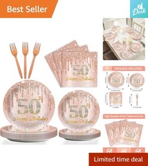 Complete 96-Piece Pink Rose Gold 50th Birthday Collection for Effortless Hosting