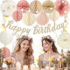 Boho Pink Happy Birthday Decorations for Women Girls, Pre-Strung Happy Birthday