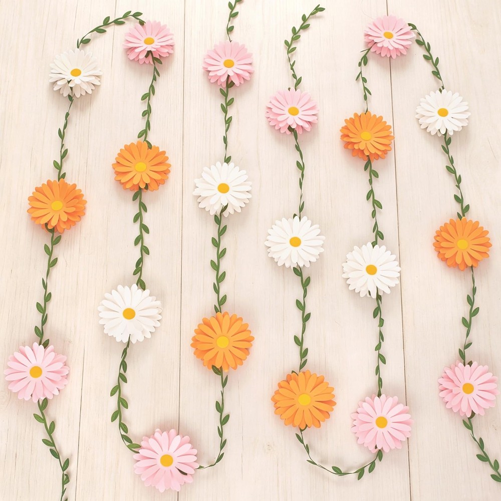 Paper Daisy Flower Garland Banner, White, Pink, and Orange, Party Decoration …