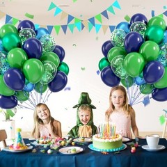 60pcs Blue and Green Balloons 12inch with Navy Blue Metallic Blue Green