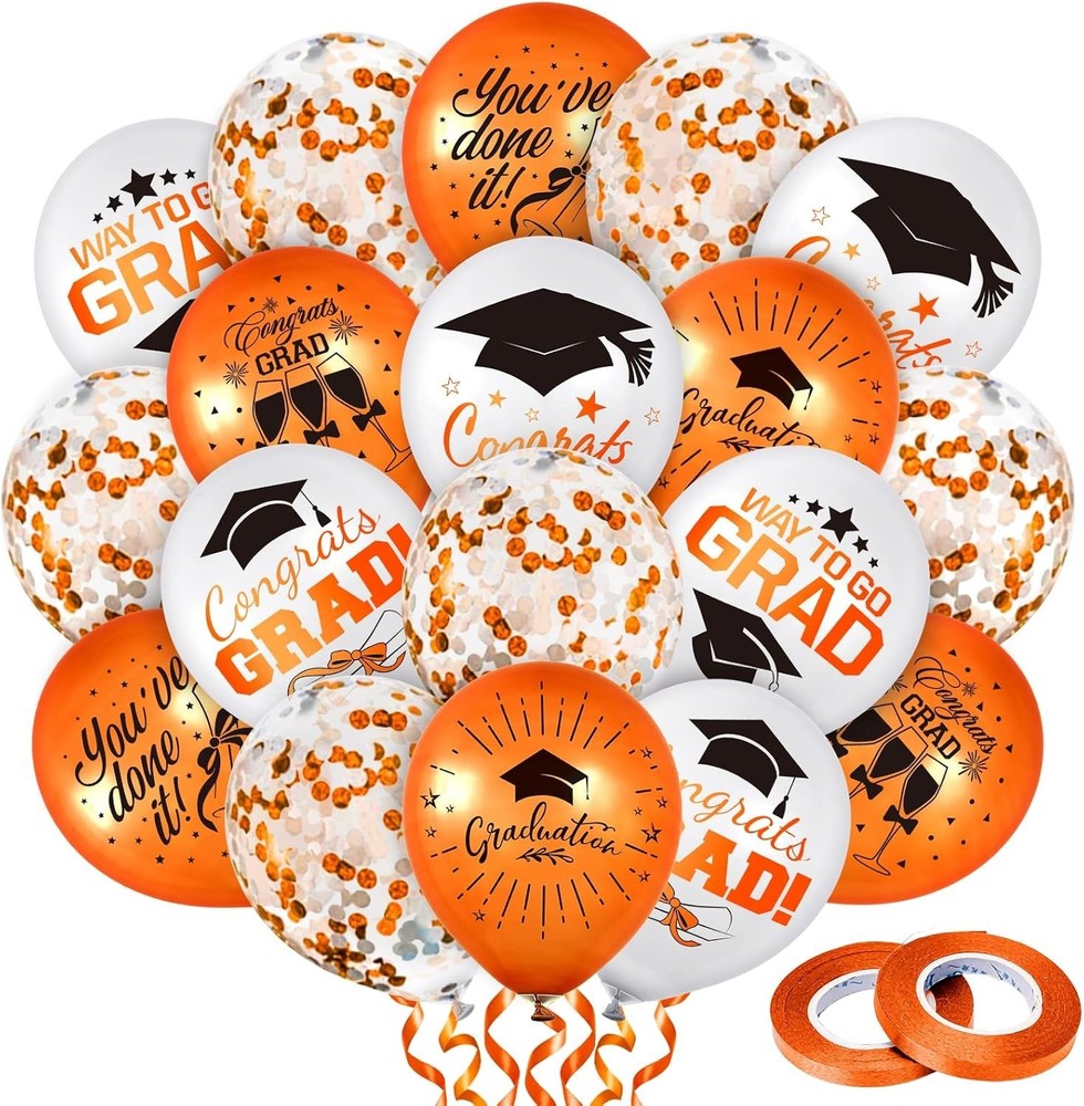 Whaline 140Pcs 2026 Graduation Party Balloon Set 7 Designs Orange White Confetti