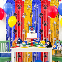 Paw Birthday Decorations,2Pack Blue Red Yellow Foil Fringe Curtains | Pawty Birt