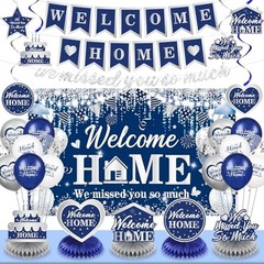 Welcome Home Decorations Set – Blue Silver Banner, Balloons, Honeycomb Centerpie