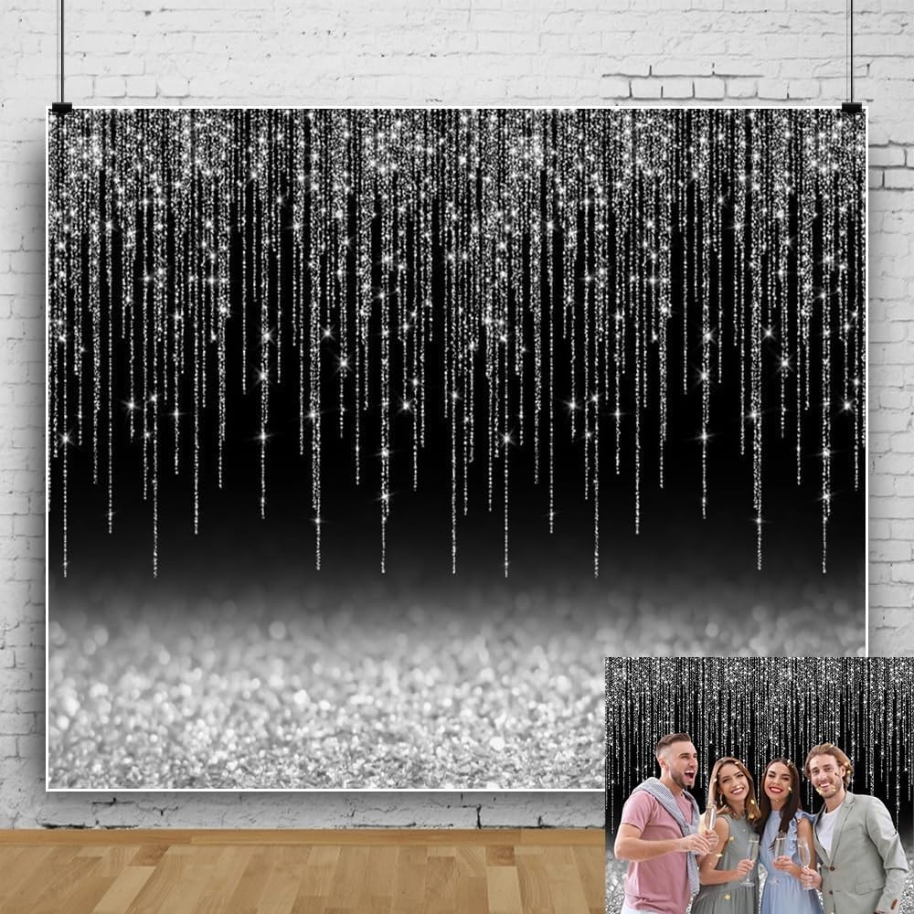 Black Silver Glitter Backdrop 10x10ft Graduation Birthday New Year Housewarming