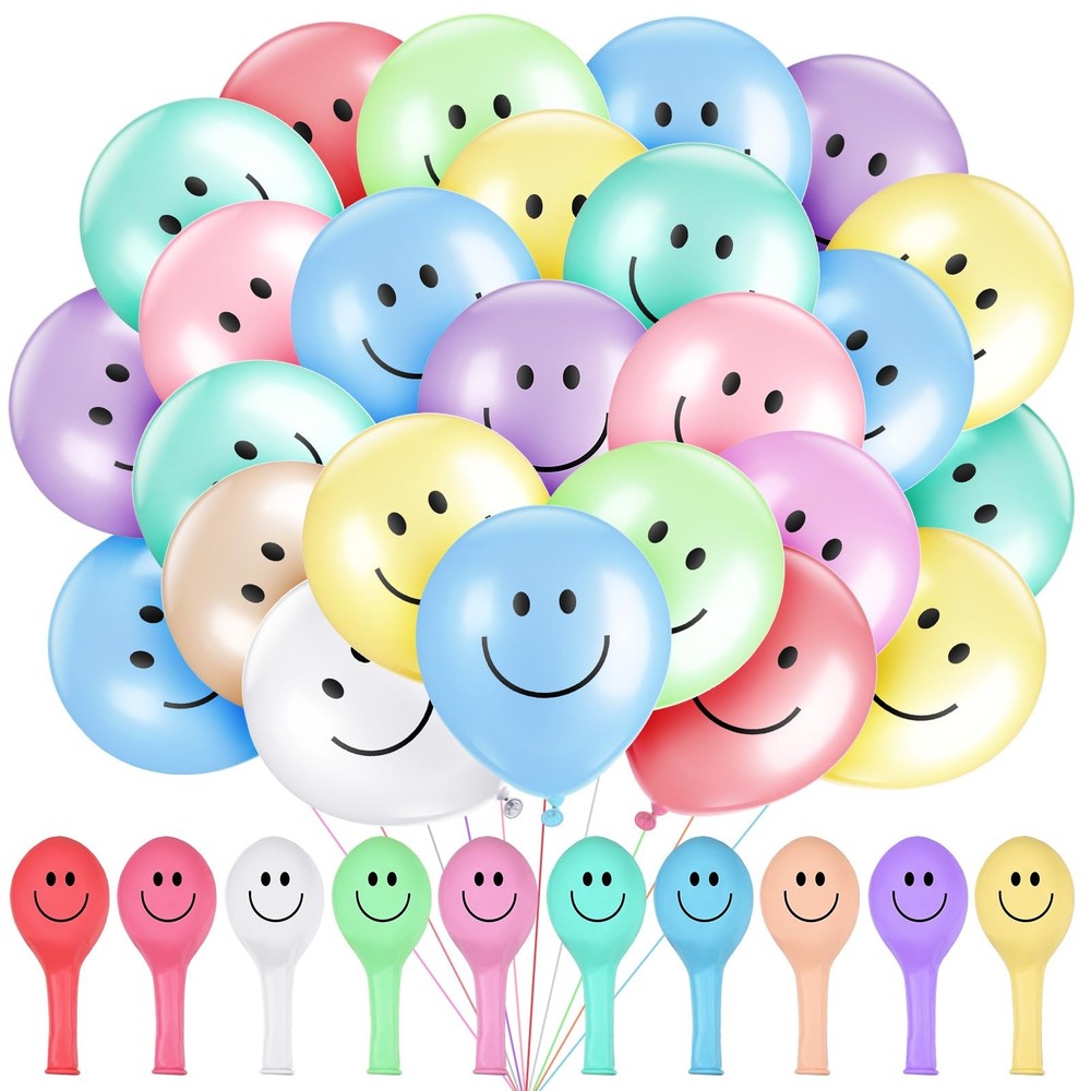 Sratte 100 Pcs 12 Inch Smile Face Balloons Assorted Pastel Unicorn Rainbow Mo…