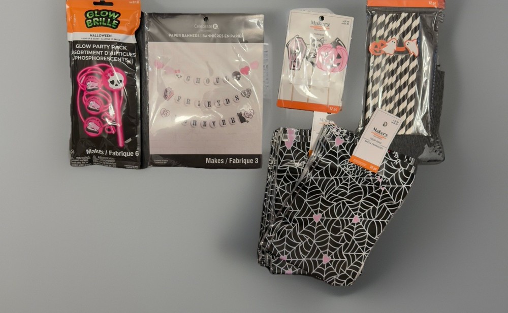 Halloween Party Decor Bundle Glow Sticks Banner Treat Bags Plates Straws New
