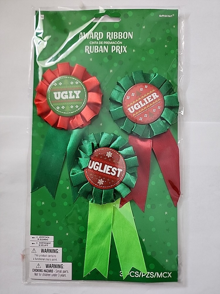 Ugly Uglier Ugliest Sweater 3 Count Award Ribbons Badges Christmas Party