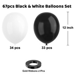 67pcs Black White 12-Inch Latex Balloons for Birthday, Wedding, Graduation
