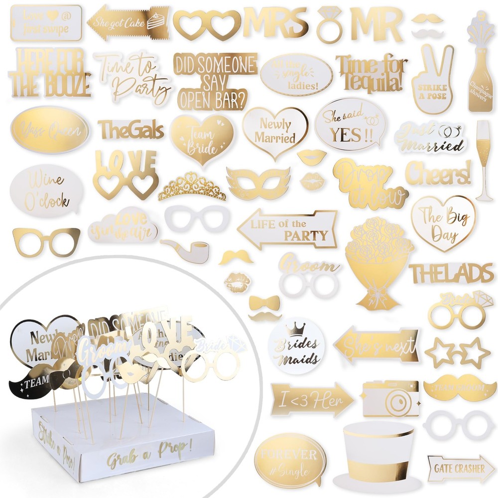 Wedding Photo Booth Props Fully Assembled Gold Signs Funny Reception 60 PCS