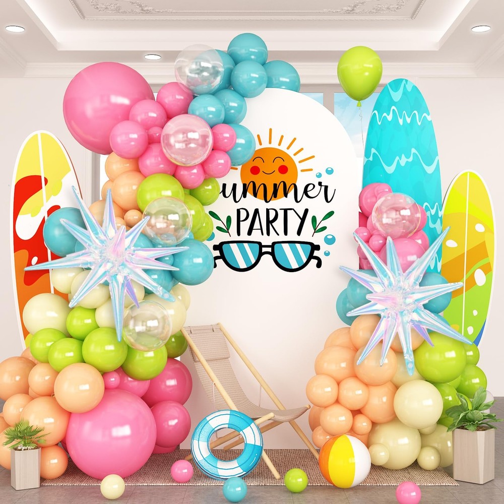 Summer Tropical Balloon Arch Garland Kit Iridescent Star Balloons and Transpa…