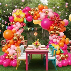 134Pcs Tropical Balloons Arch Garland Kit, Hot Pink Orange Latex Balloons wit…