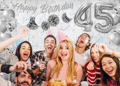 Silver & White 45th Birthday Decorations – 40″ Number Balloons &More-Boy or Girl