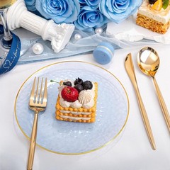 100 Pcs Blue Gold Rim Disposable Plates 7 Inch Hammered Salad Dessert Party