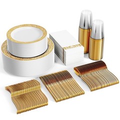FOCUSLINE 350 Ct Gold Dinnerware Set for 50 Guests, Gold Lace Plastic Plates …