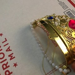 2 Tiaras: VTG Silver Metal Rhinestone Glittered & Gold Plastic MOP Ruby sapphire