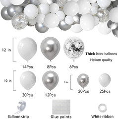 White and Silver Balloons Garland Arch Kit 5″10 Inch 12″ White Silver Metallic C
