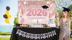 Pink Graduation Decorations Class of 2026, Rose 5x3ft, Gold