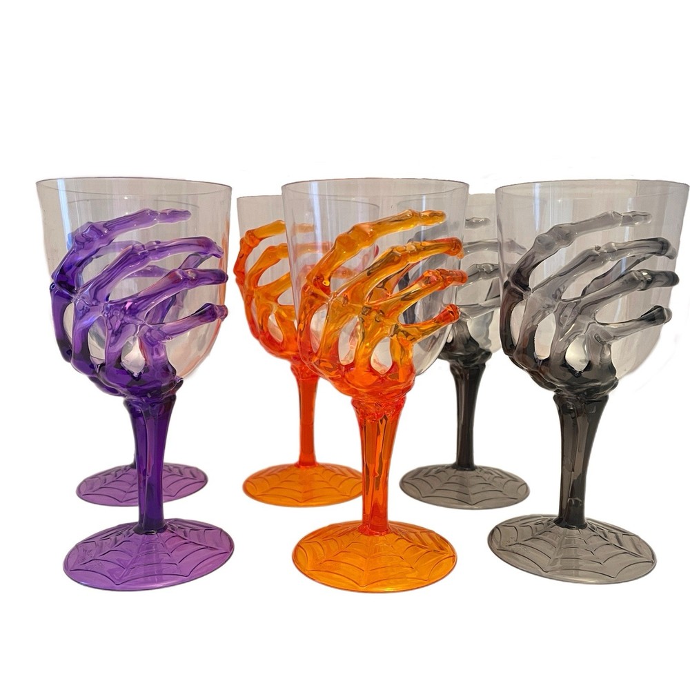 6 SKELETON HAND Plastic Wine Goblets Gothic Punk Multicolor Party Bar Prop