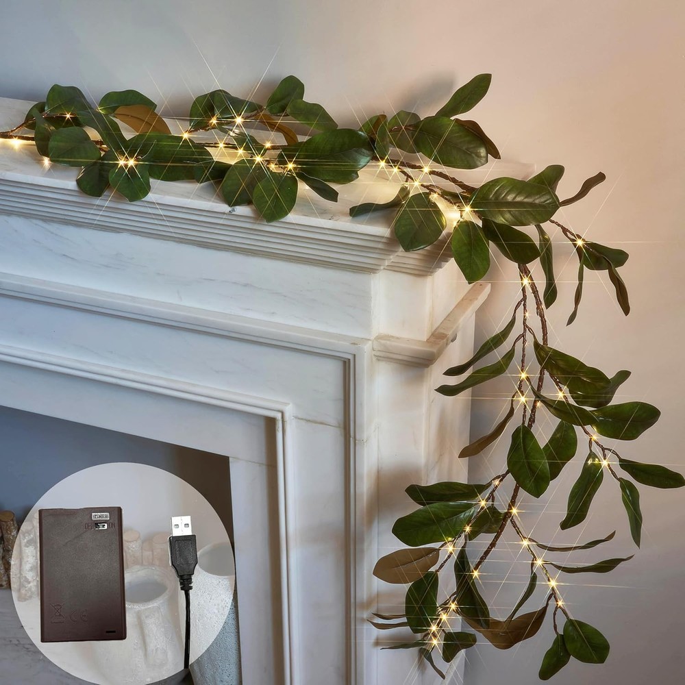 Faux Magnolia Garland with Lights 6FT Battery Operated with Timer or USB Plug