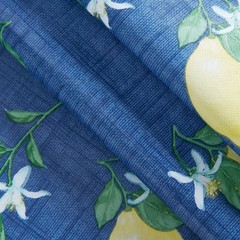 Lemon Grove Vinyl Tablecloth w/ Flannel Backing – Oval 60×84″ (Yellow/Blue)