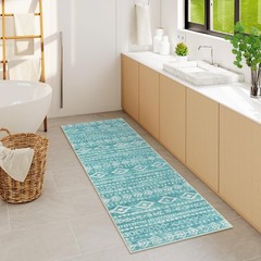 Lahome Boho Geometric Bathroom Runner Rug, 2×6 Teal 2′ x 6′, Teal/White