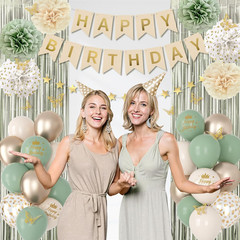 Sage Green Birthday Decorations for Women Girls, Green Sand Gold Confetti Metall